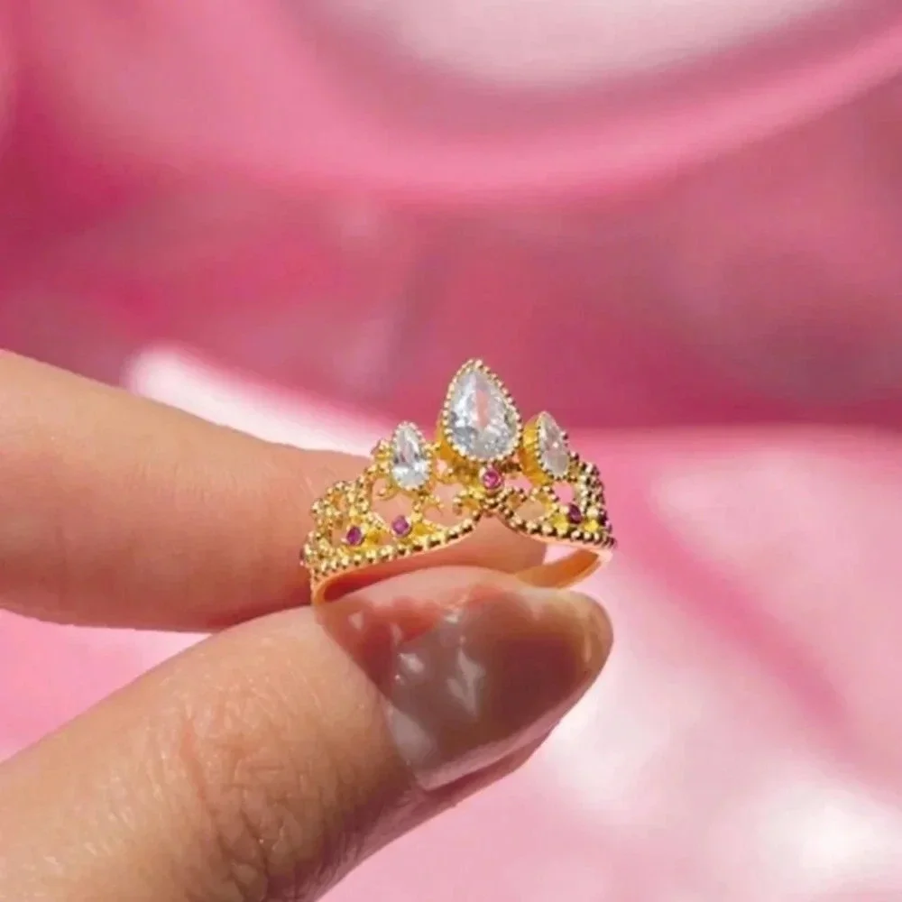 Ladies gold plated multicolored cubic zirconia luxury tiara crown ring